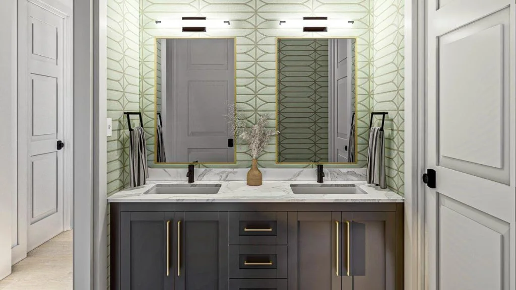 The view of a bathroom sink with a two-mirror and a cabinet with two doors