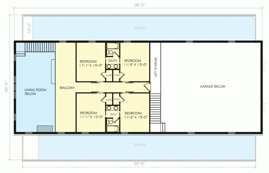 2nd level floor plan of the typical Gabled Barndominium w/ 10-foot Deep Porches & 2-car Garage