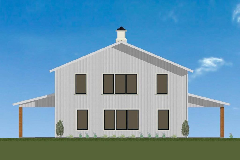 The rear exterior of the  typical Gabled Barndominium w/ 10-foot Deep Porches & 2-car Garage