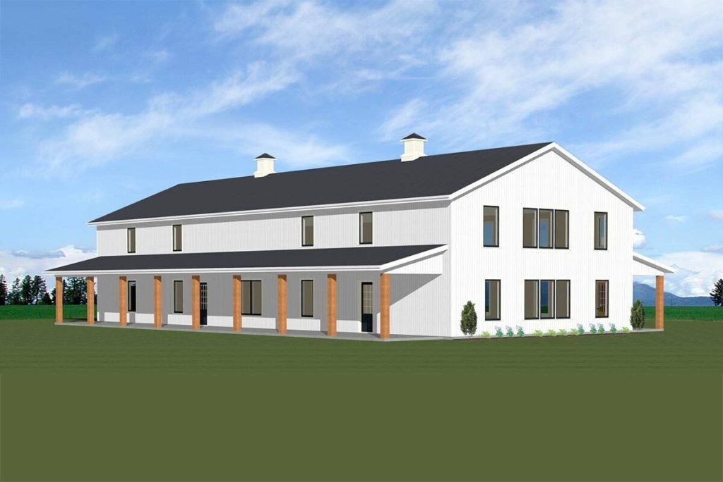 Angled front left view of the typical Gabled Barndominium w/ 10-foot Deep Porches & 2-car Garage