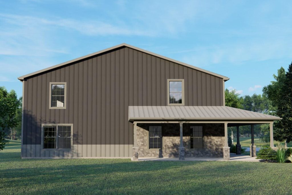 Angled view of the Simple 3,484 Sq. Ft. Barn Home w/ Wraparound Porch & 2-car Garage 