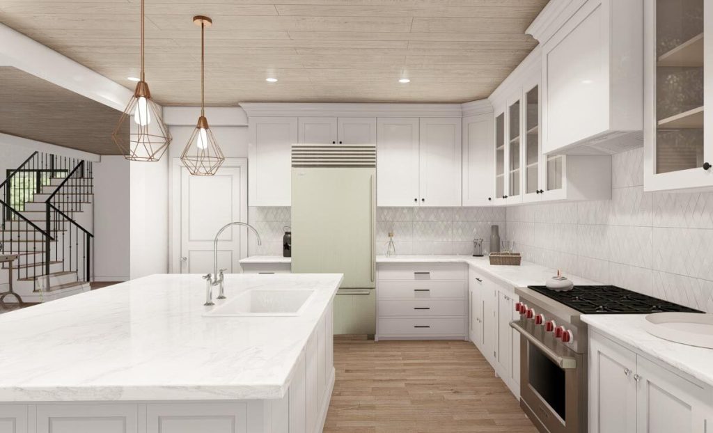 The view of the kitchen shows the white cabinet and white marble sink, with a chandelier