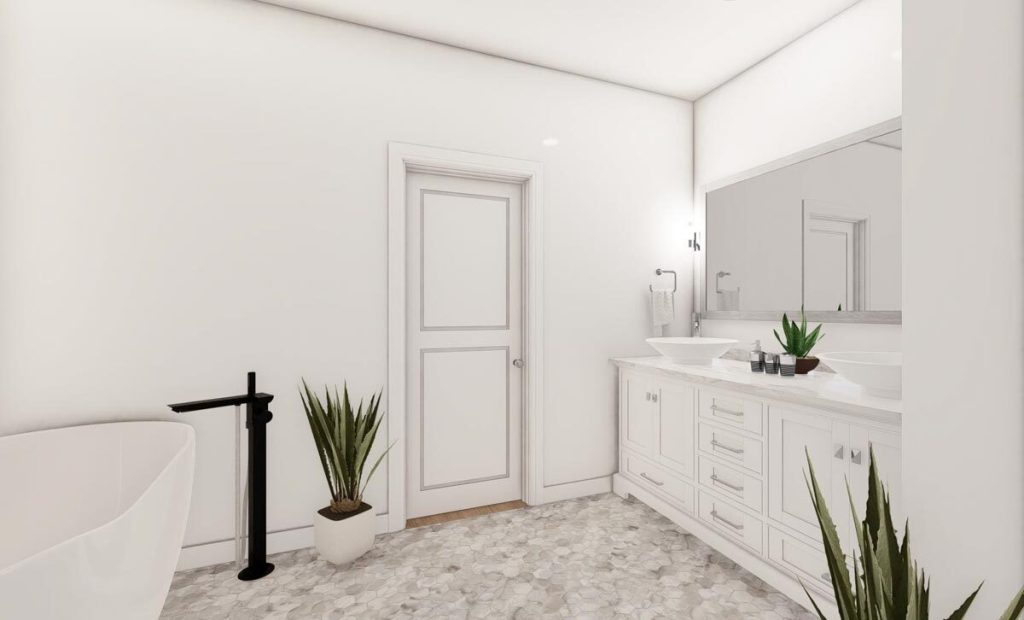 View of the bathroom with a white cabinet and wall mirror, and a bathub.