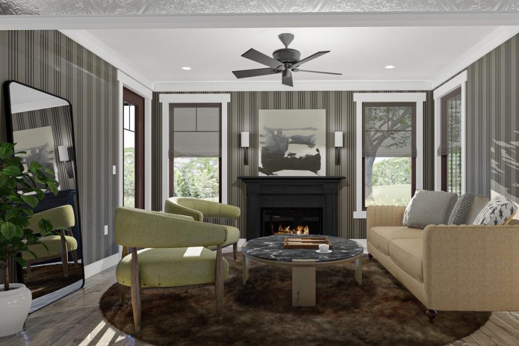 The view cozy living room scene with a ceiling fan gently rotating above, casting a soothing breeze.