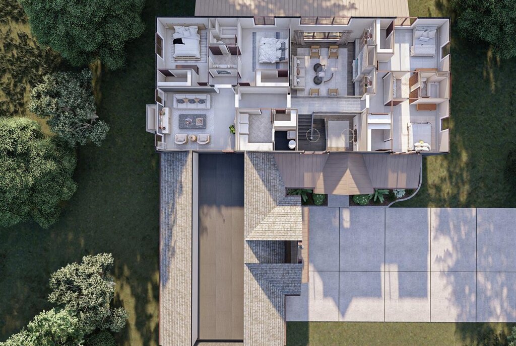 3D floor plan of Endearing 5BHK Farmhouse Barndominium w/ Large Garage
