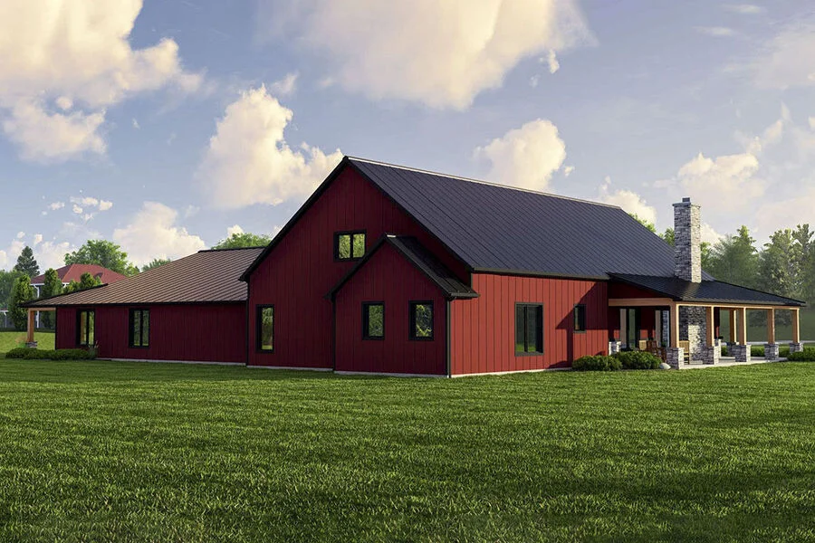 The rear exterior of the Farmhouse-like Barndominium w/ Extended Guest Apartment