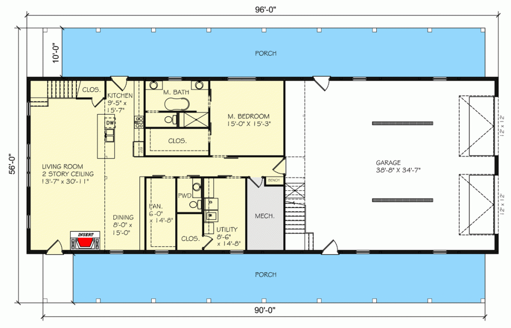 Main floor plan of the typical Gabled Barndominium w/ 10-foot Deep Porches & 2-car Garage