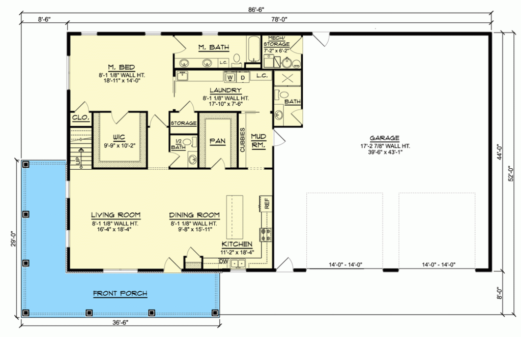 Main floor plan of the Simple 3,484 Sq. Ft. Barn Home w/ Wraparound Porch & 2-car Garage