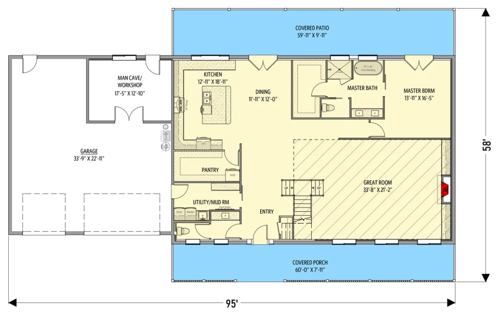Main floor Plan of the Classic Barndominium w/ Man Cave in the Attached Garage