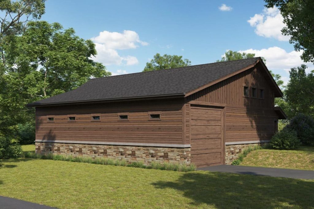 Angled rear view of a rustic cabin-style shouse featuring a single door garage. The building's structure harmoniously blends residential and storage elements with its log-cabin aesthetics