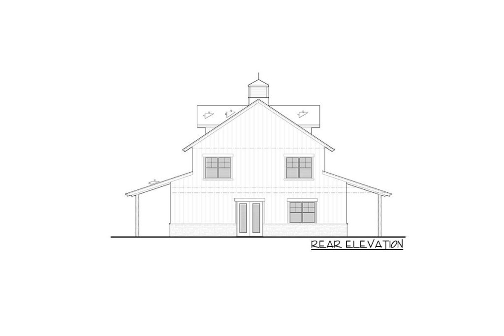 Rear elevation illustration of the Pleasing RCA-style Barndominium