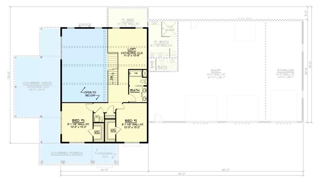 2nd floor plan of the Rustic Cabin-style Barndominium