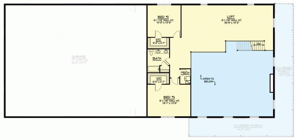 2nd floor plan of the Spacious 3BHK Loft Barndominium