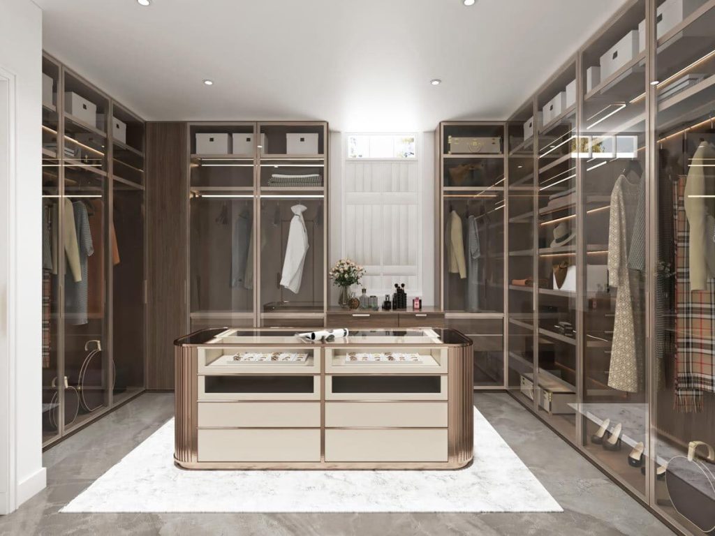 An image depicting an elegant walk-in closet with a spacious storage unit. The closet exudes a sense of luxury and organization, with neatly arranged clothing, shoes, and accessories. The large storage unit provides ample space to neatly store and display various items, ensuring a well-organized and stylish wardrobe