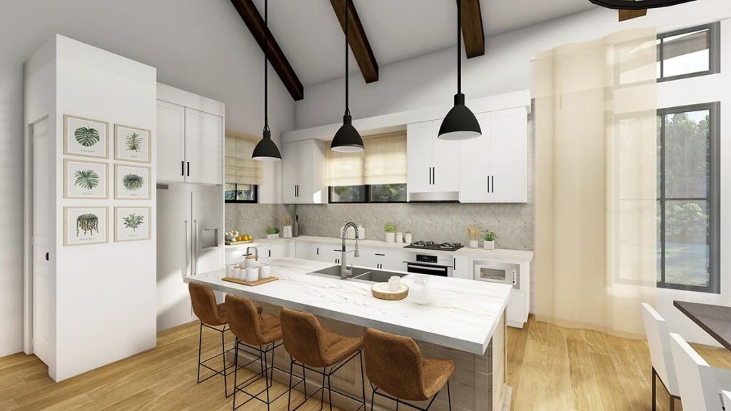 Image showcasing a spacious island kitchen in a modern home. The kitchen island, the focal point of the room, is outfitted with three stylish chairs, offering a casual dining or socializing spot. The design emphasizes both functionality and aesthetics.
