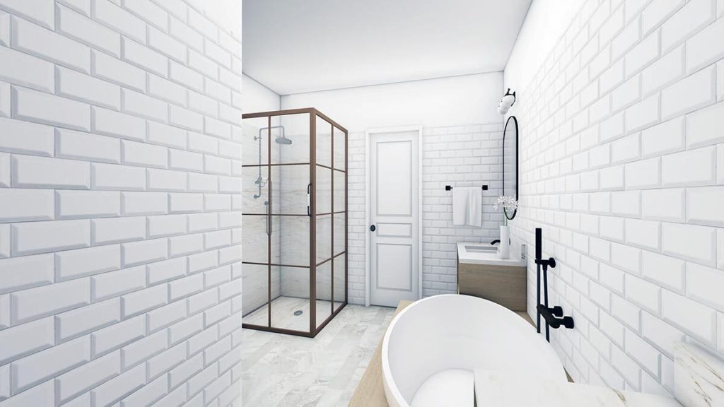 Image displaying a well-appointed bathroom, featuring a luxurious bathtub and an adjacent shower area on the left. On the right side, a modern sink enhances the room's functional and aesthetic appeal.