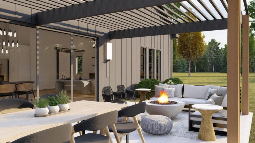 A closer look of the extensive pation with pergola. The versatile space offers options for a bar, a grill station, additional dining arrangements, or comfortable couches to relax