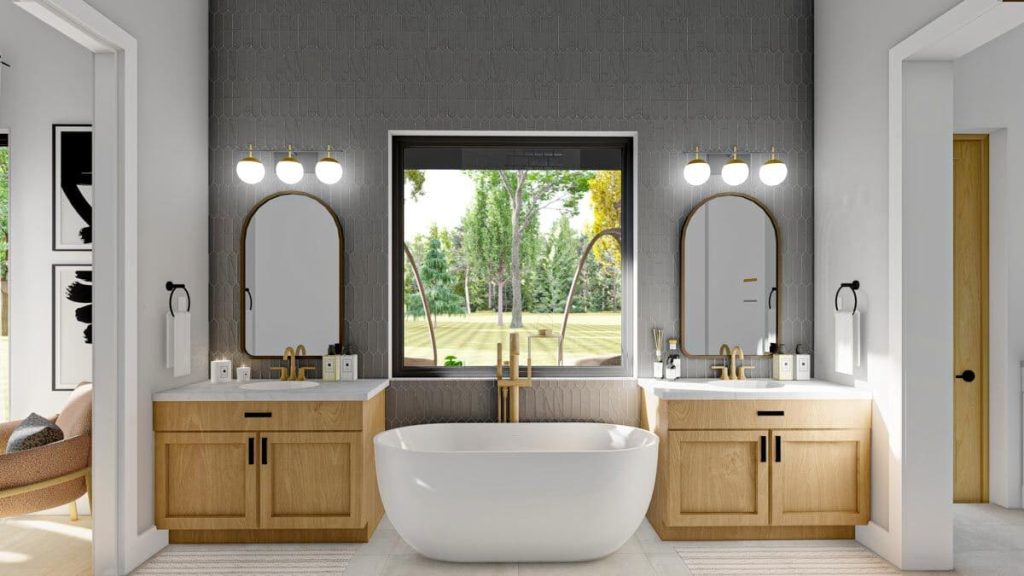 An image showcasing the Jack and Jill bathroom design with a centrally placed soaking tub. On either side of the tub, there are sinks, creating a symmetrical layout for convenience and functionality.