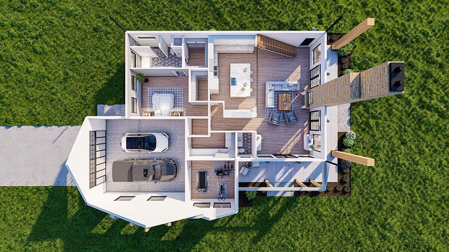 3D floor plan of the enchanting loft barndominium 