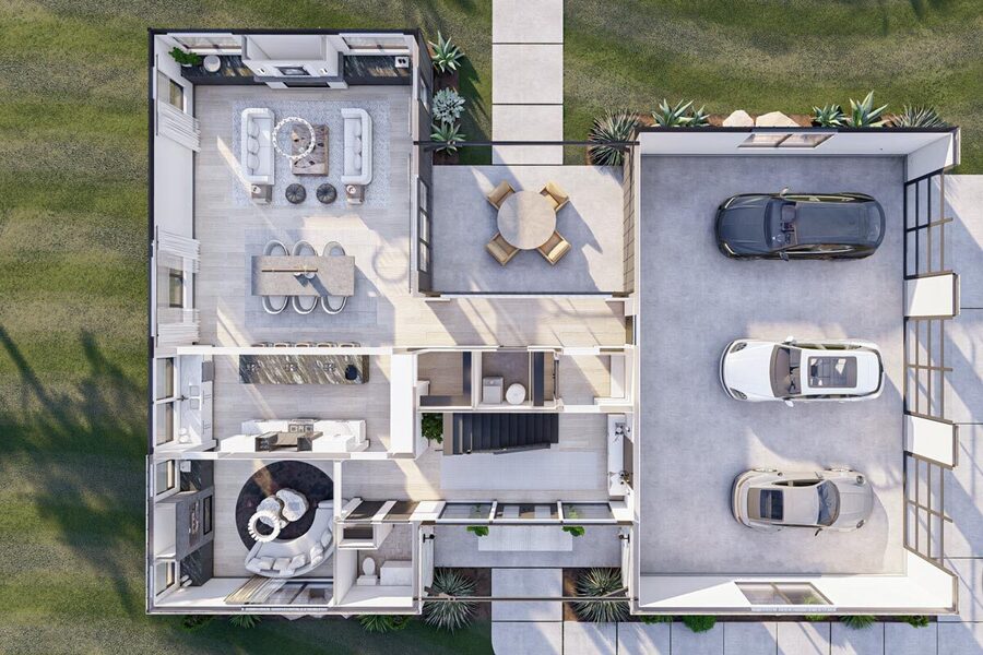 3D floor plan of the Exquisite Contemporary Barndominium
