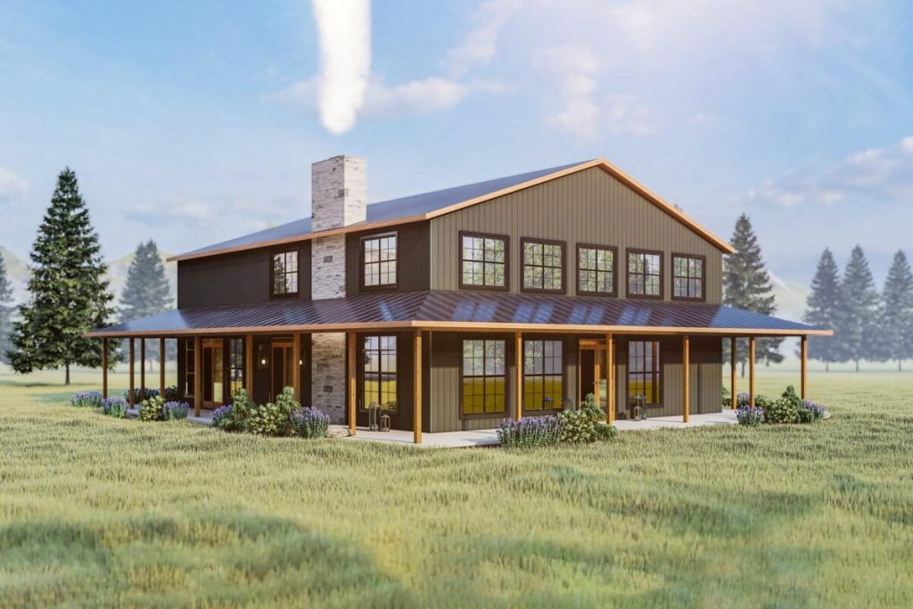 Angled view of the Modern Loft-type Barndominium