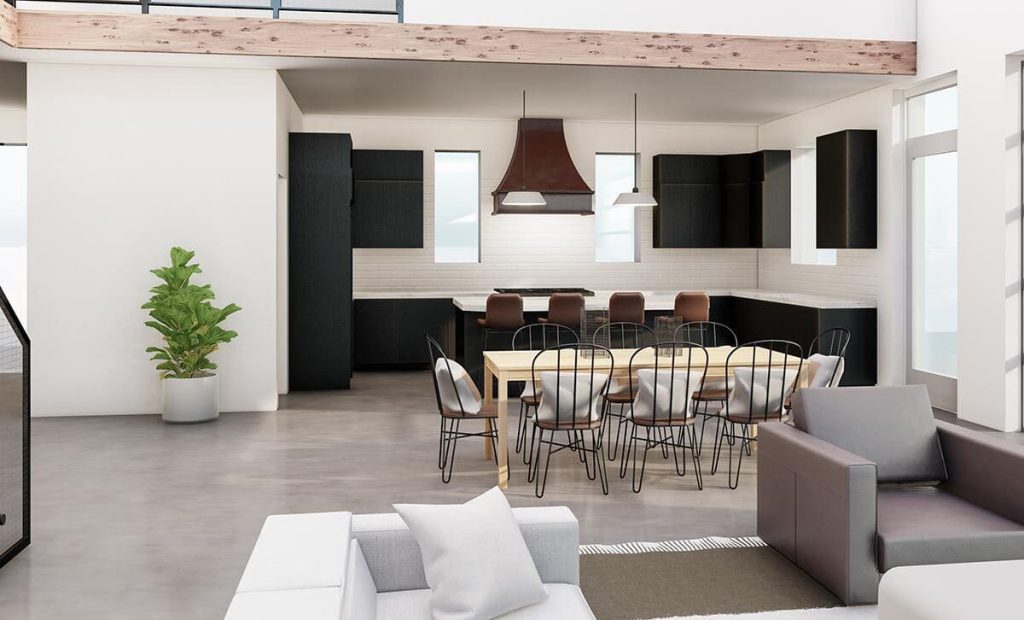 An image showing a spacious and modern open-concept living area. The dining area is prominently featured with a polished dining table and comfortable chairs. Adjacent to it, the kitchen stands out with a functional island counter fitted with high chairs, a stove, and a sleek range hood.