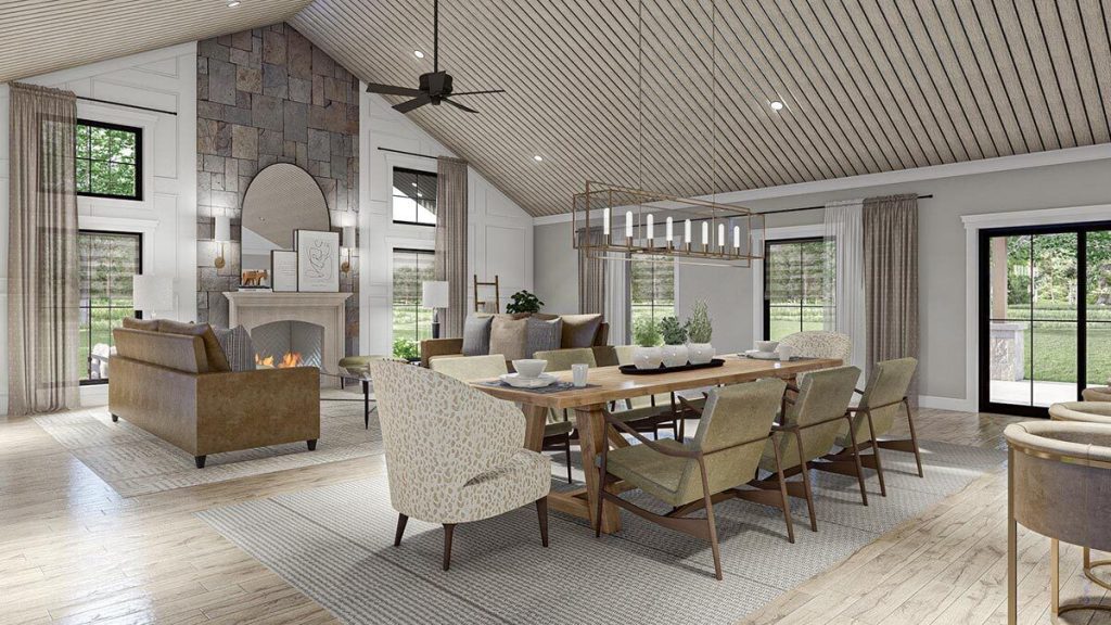 Dining area and living room of the Graceful 1-story Barndominium 