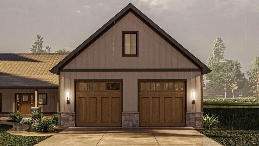 Front view of the 2-car garage of the Graceful 1-story Barndominium