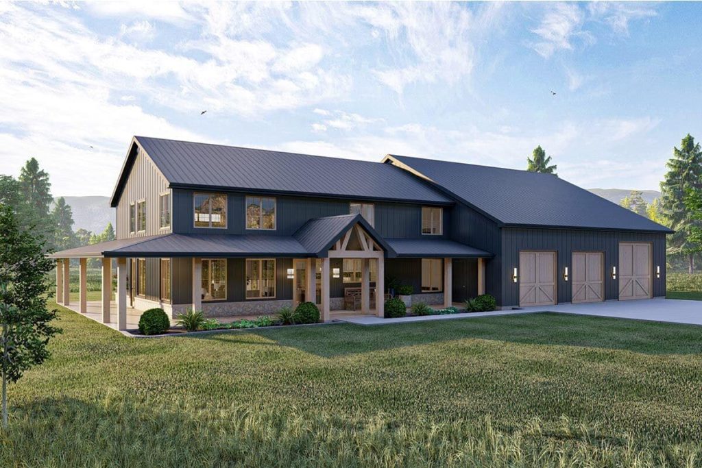 An image displaying the angled rear left view of an exquisite 4-bed Barndominium house. The exterior showcases a combination of modern design and rustic charm. The structure features a spacious layout with large windows, allowing ample natural light to fill the interior.