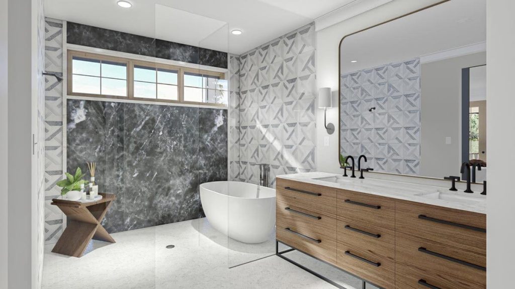 The image reveals a spacious bathroom with elegant features. On the left side, a luxurious bathtub takes center stage, inviting relaxation and offering a serene bathing experience. On the right side, there are double sinks with sleek fixtures, providing convenience and style for multiple users