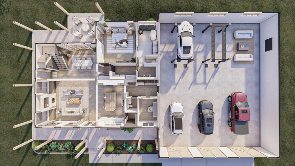 3D main floor plan of Exquisite 4-bed Barndominium