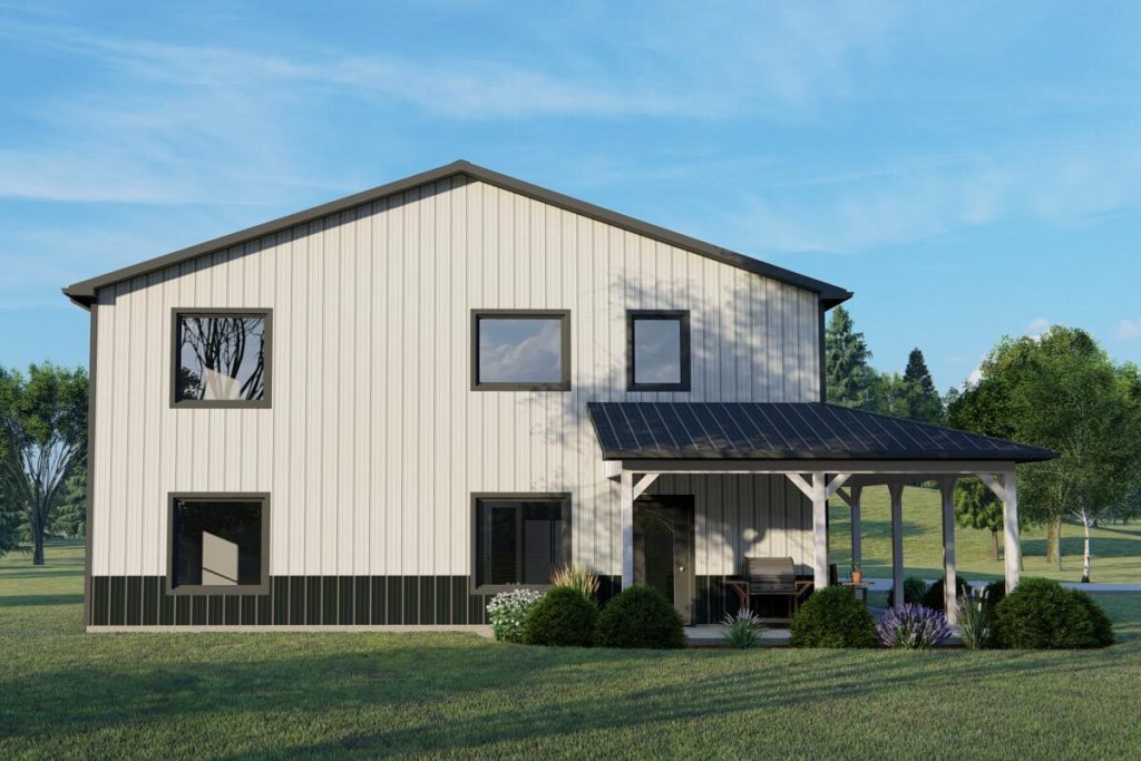 Left view of the Efficient 2,511 Sq. Ft. Barndominium with an L-shaped porch.