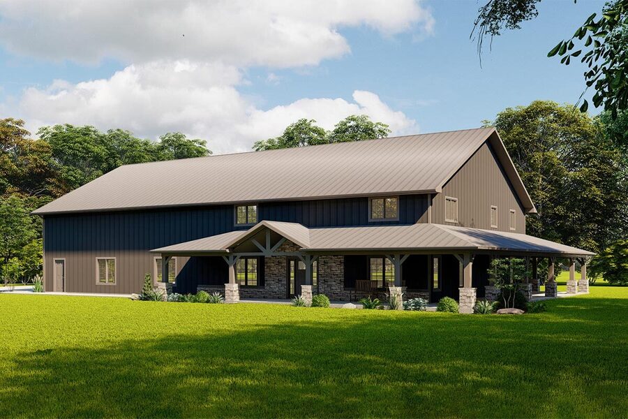 Angled left view of the Clever 3,164 Sq. Ft. Country Barndominium with wrap-around porch.