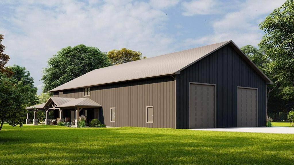 Angled right view of the Clever 3,164 Sq. Ft. Country Barndominium with a garage door.