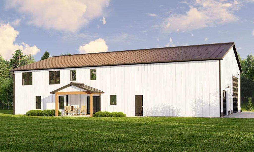 Side view of a barndominium house showcasing its architectural design, with a particular focus on the backyard entrance door. A glimpse of the sturdy garage door can also be seen, hinting at the comprehensive layout of the property.