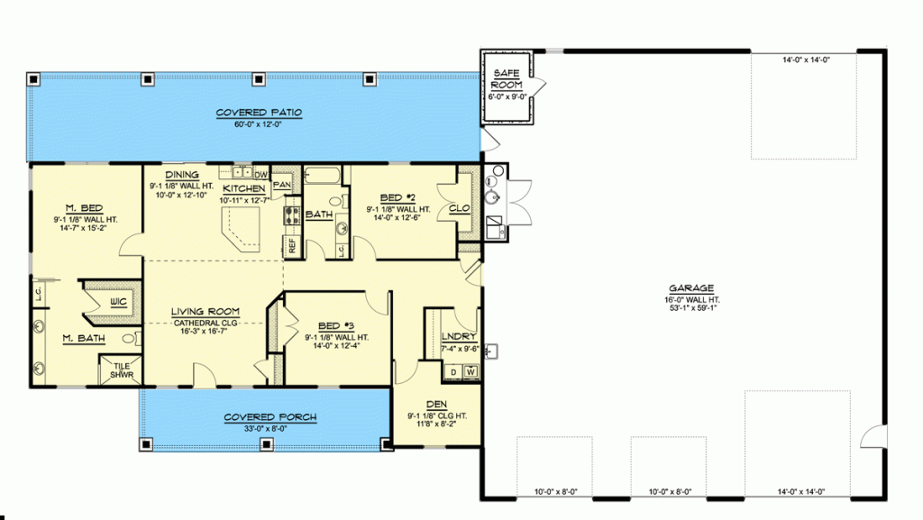 Main floor plan of the Simple Bungalow Barndominium 