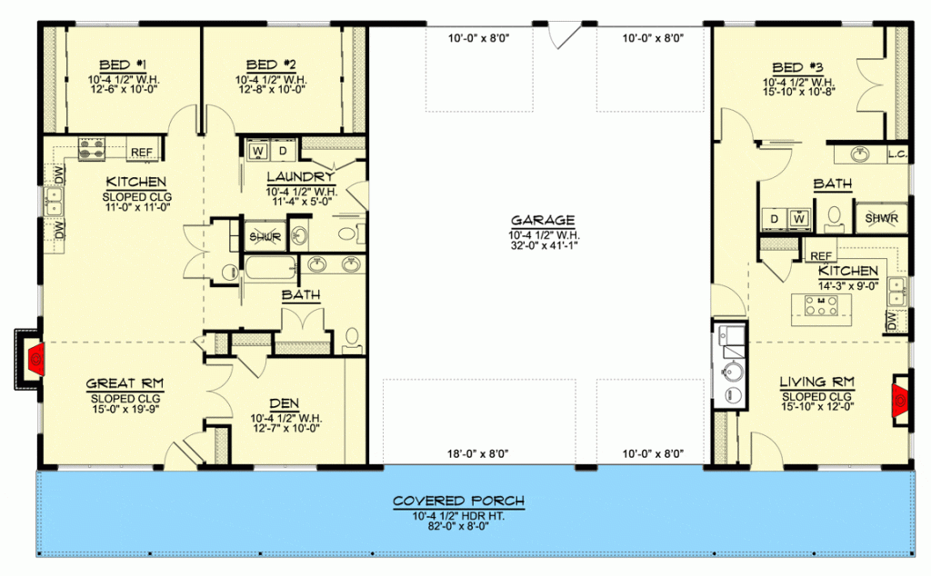 The main floor plan of Bungalow Multi-generational Barndominium.
