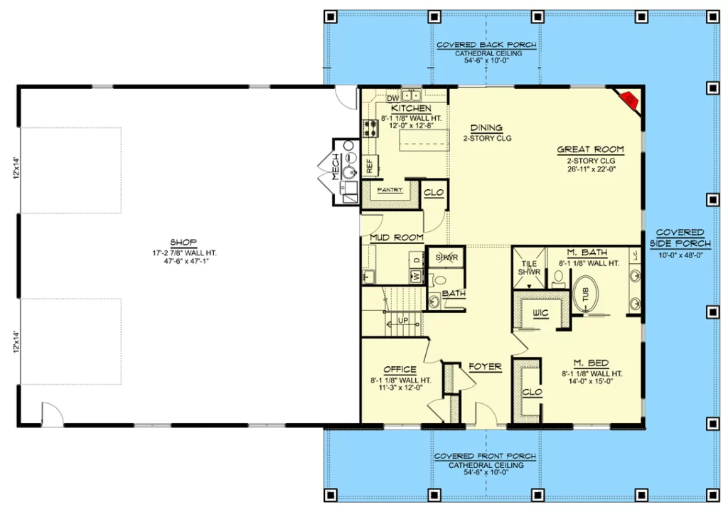 Main floor plan of the Clever 3,164 Sq. Ft. Country Barndominium