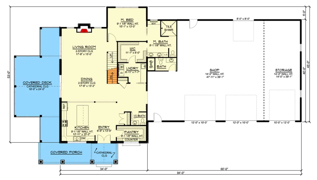Main floor plan of the Rustic Cabin-style Barndominium
