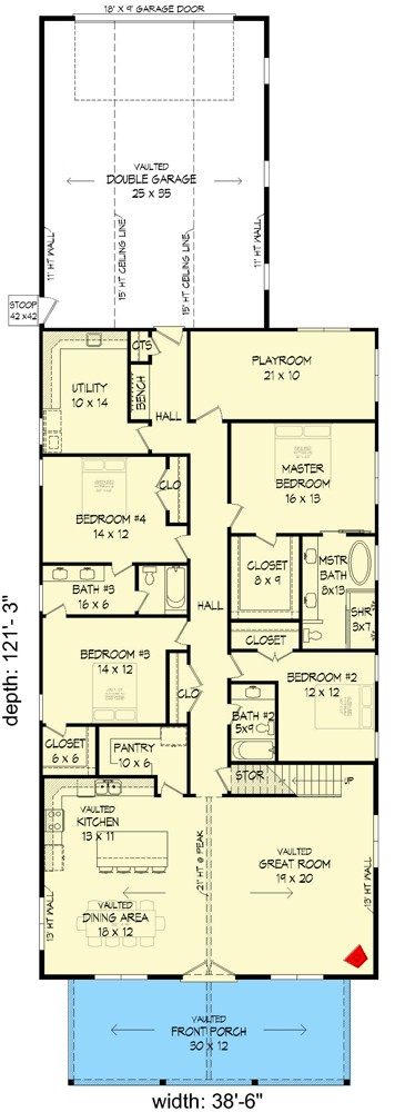 Main floor plan of the Simple 4-Bed Country Barndominium