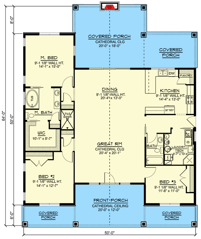 Main floor plan of the Pleasing 3-Bed Craftsman Barndominium