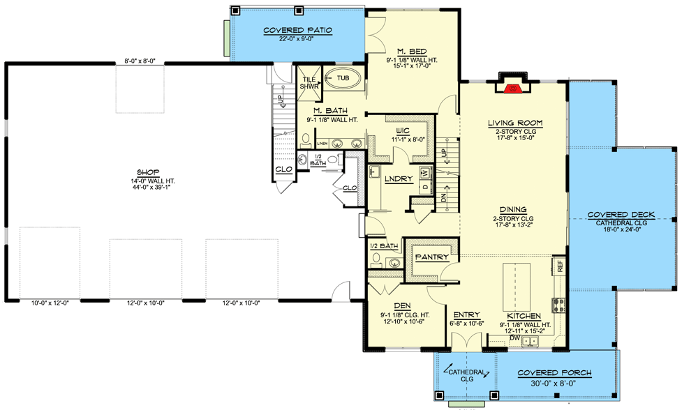 Main level floor plan of the Dreamy Hill Barndominium