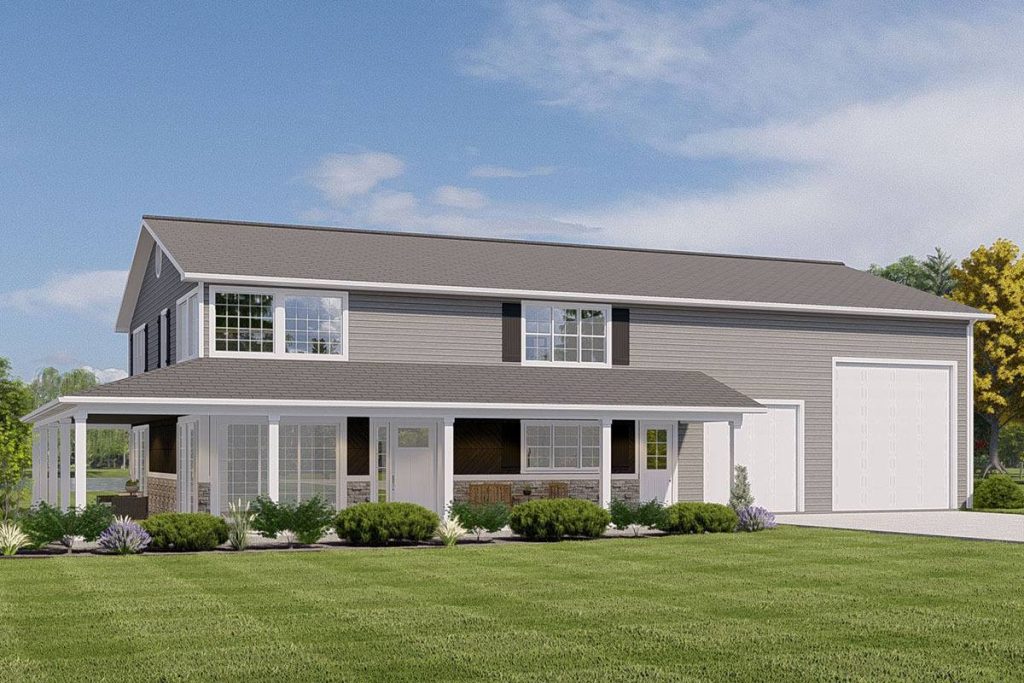 A picturesque front view of the Barndominium, which gracefully exhibits its charming wrap-around porch embracing the structure. To the side, an accommodating car garage stands, seamlessly blending functionality with the welcoming character of this exceptional barndominium.