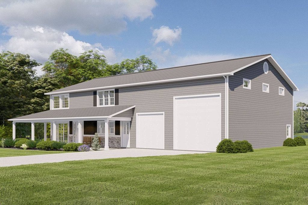 This angled front side view provides a comprehensive look at the Barndominium, featuring the convenience of a car garage and an expansive driveway that stretches wide, offering ample space for parking and maneuvering. The carefully considered design elements are evident in this barndominiums' captivating perspective.