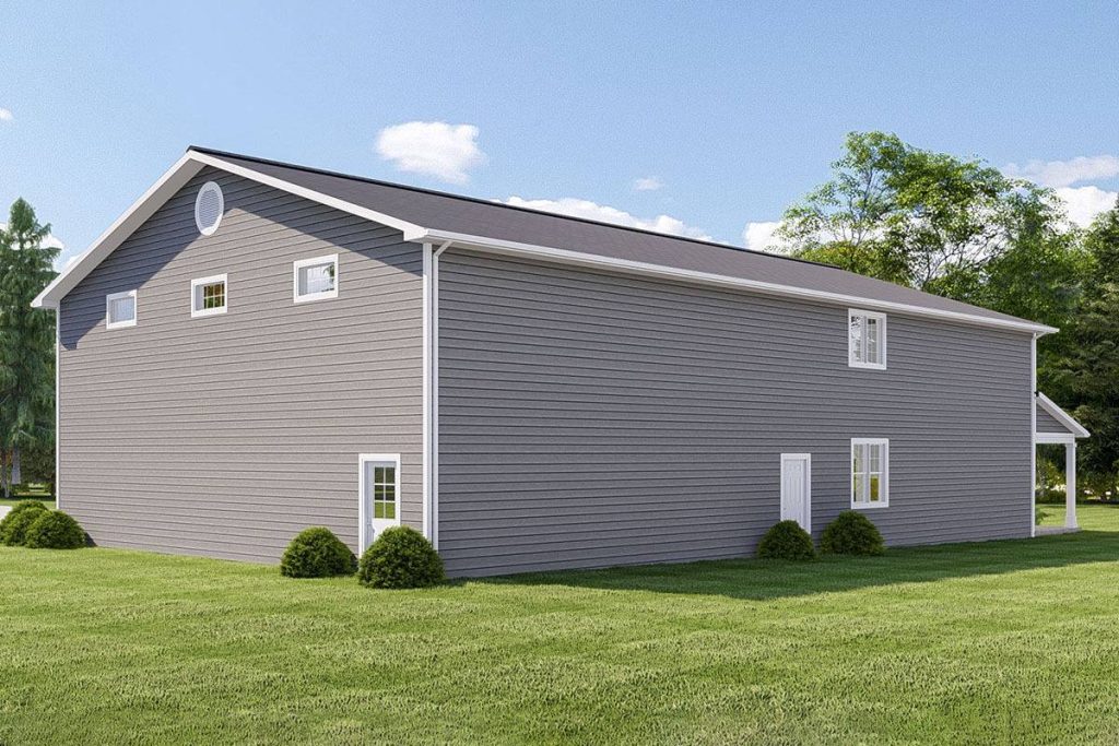 A rear exterior view of the barndominium, highlighting the presence of two petite doors and multiple windows. This view reveals the thoughtfully designed rear facade, where the combination of doors and windows enhances both aesthetics and functionality.
