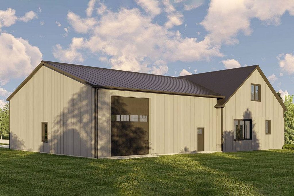 This view captures the left side of the car garage, providing a detailed look at the structure's features, including strategically placed windows, a side door for convenient access, and a substantial garage door. This perspective offers insight into the functional and design elements of the garage.