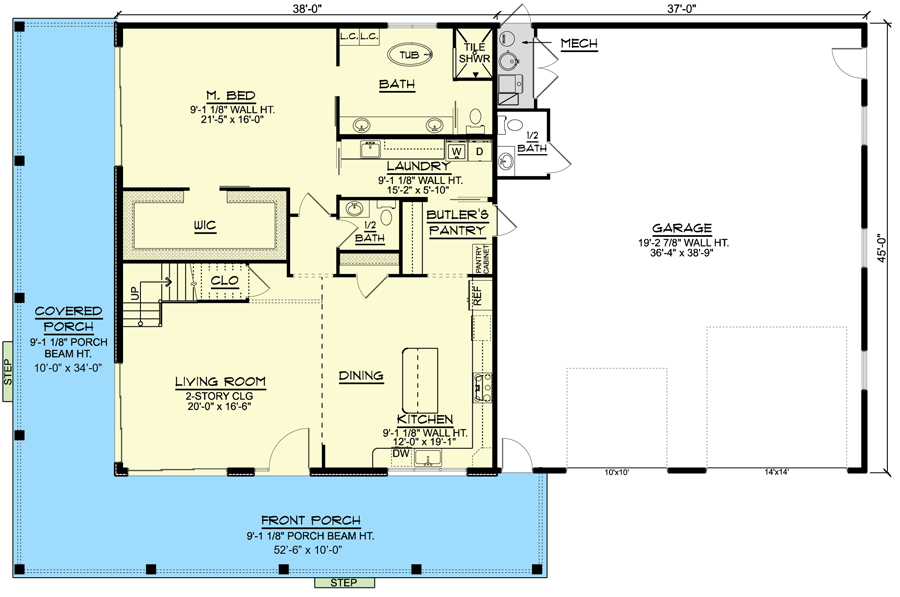 Main level floor plan of the barndominium with a L-shaped porch with a RV garage.