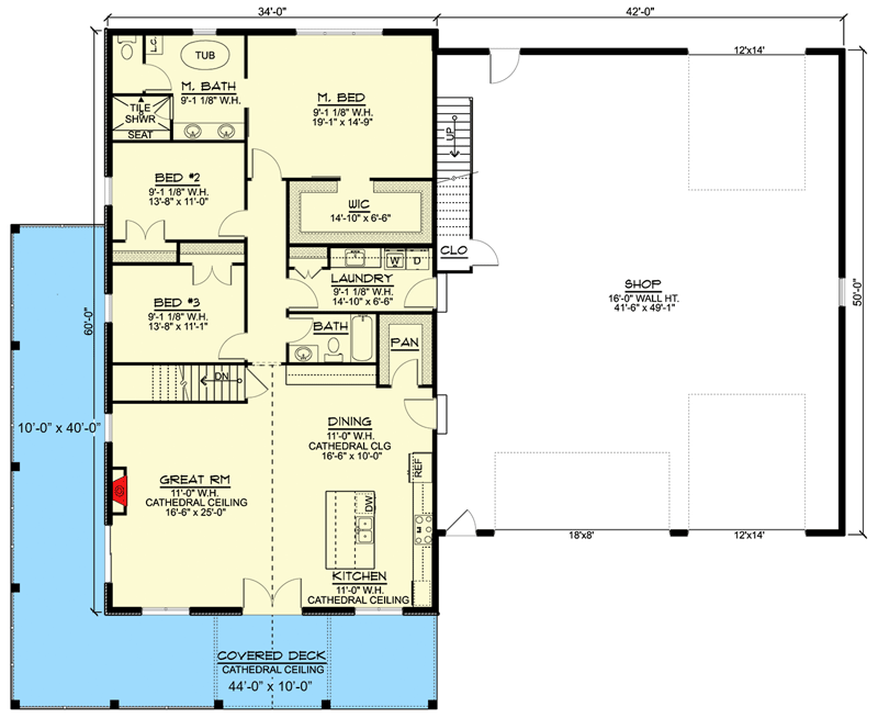 Main level floor plan of the barndominium with a wrap-around porch.