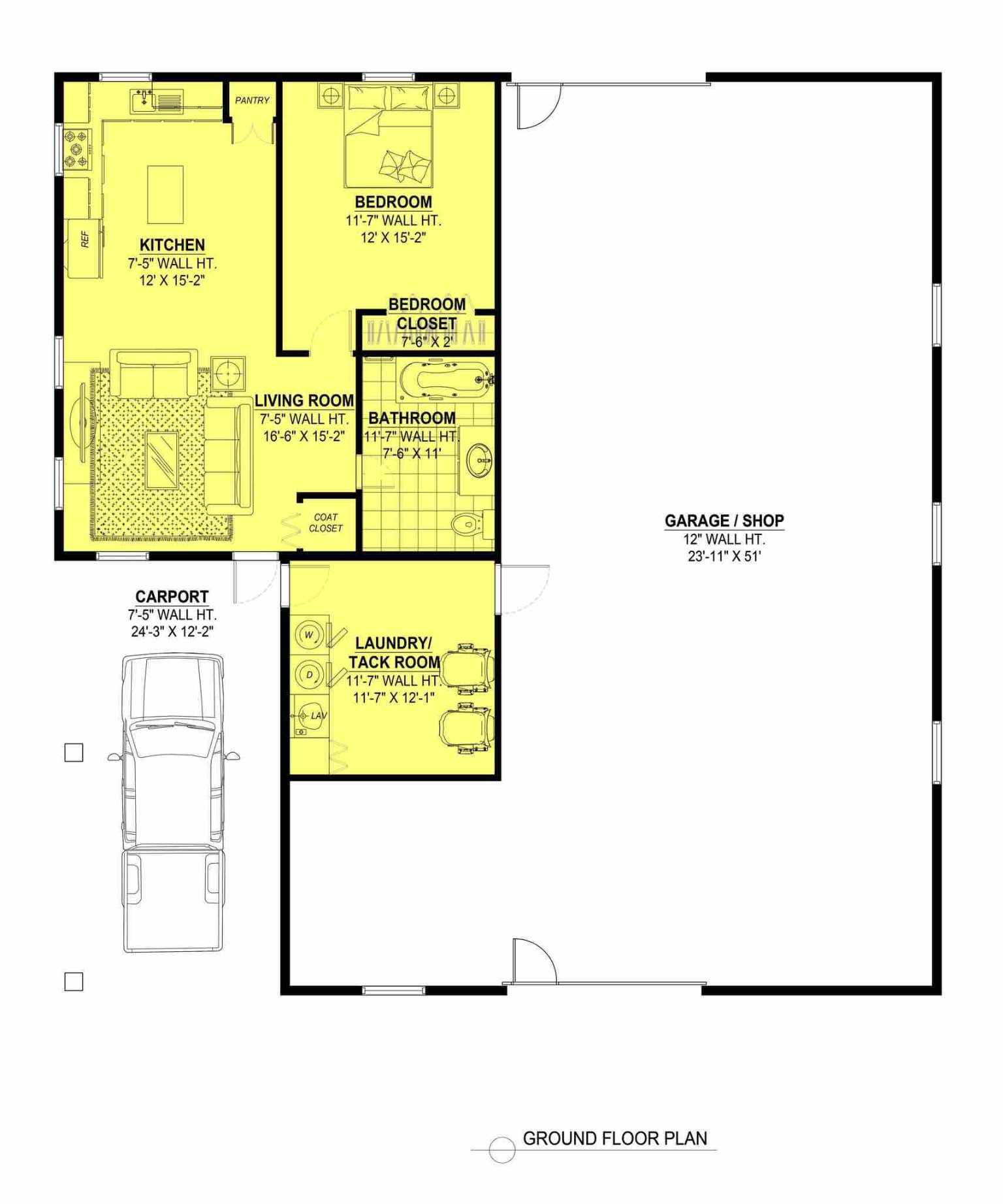 2600 sq. ft. barndominium with shop and carport floor plan