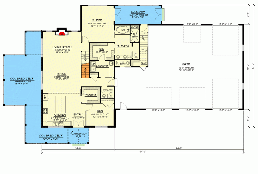 Main level floor plan of the mountain barndominium with a covered deck.